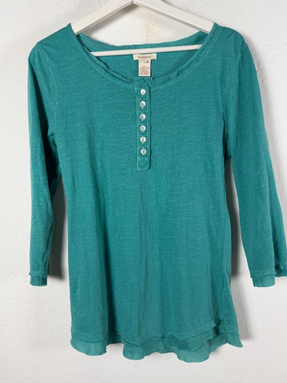 Sundance Womens Teal Green Silk Accent Henley Top 3/4 Sleeve Slub Knit Small New